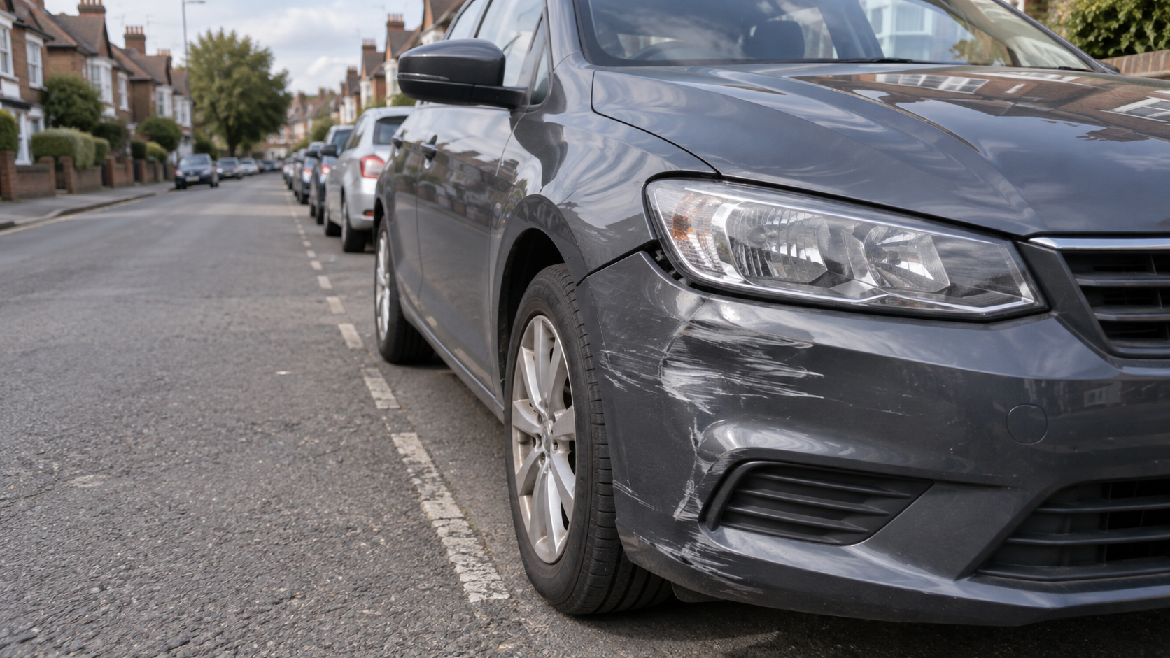 A damaged hatchback parked on a British street