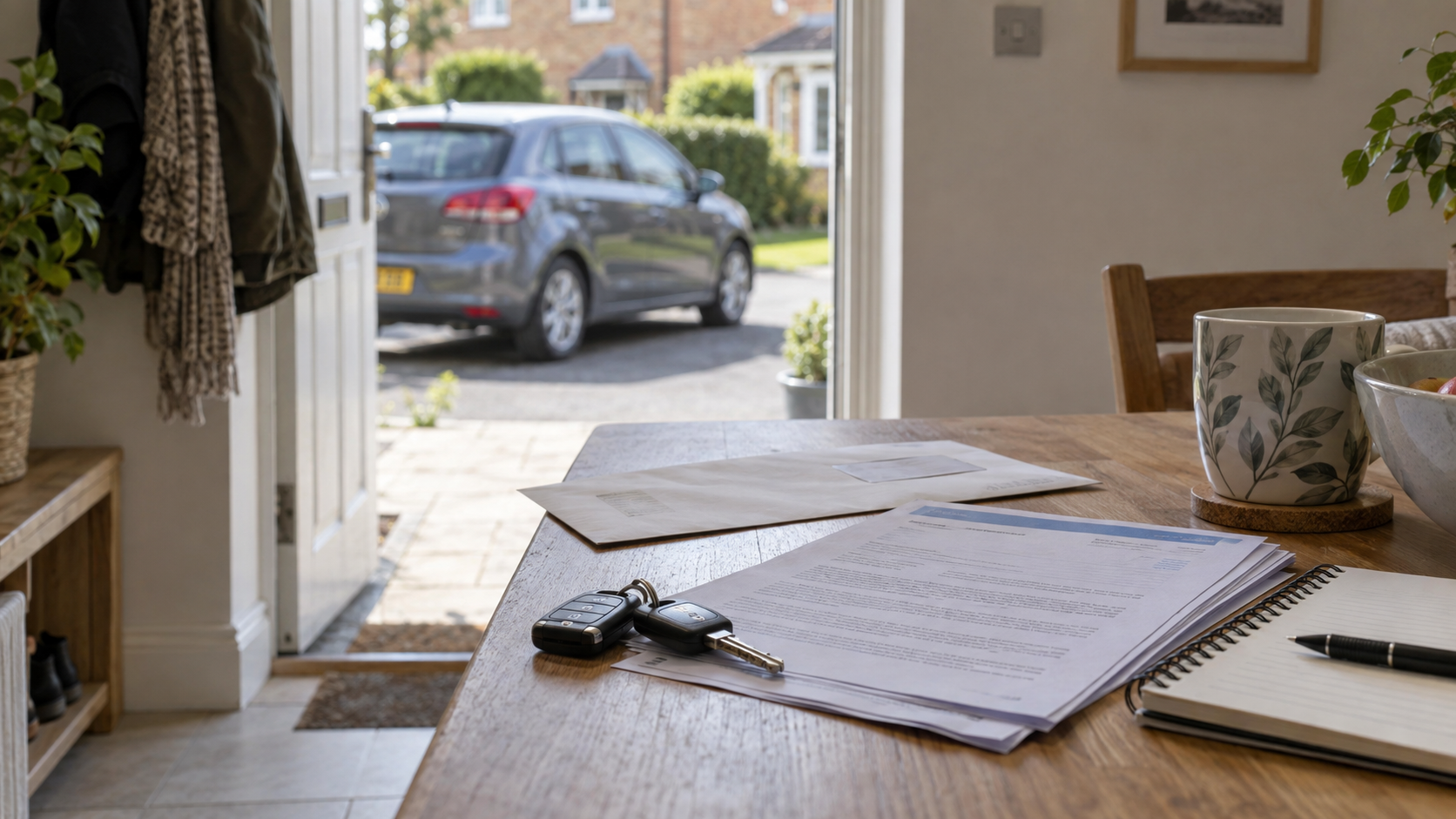 Everyday car paperwork on a table with a car outside the open front door