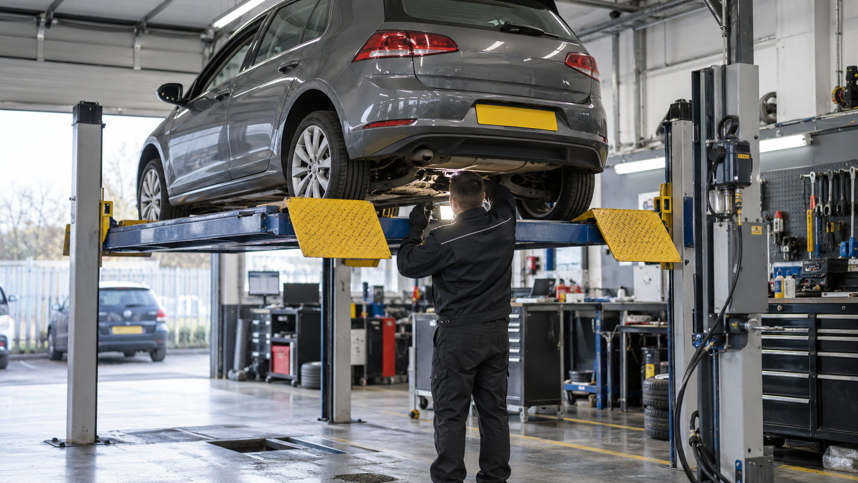 A mechanic inspecting a hatchback raised in a garage