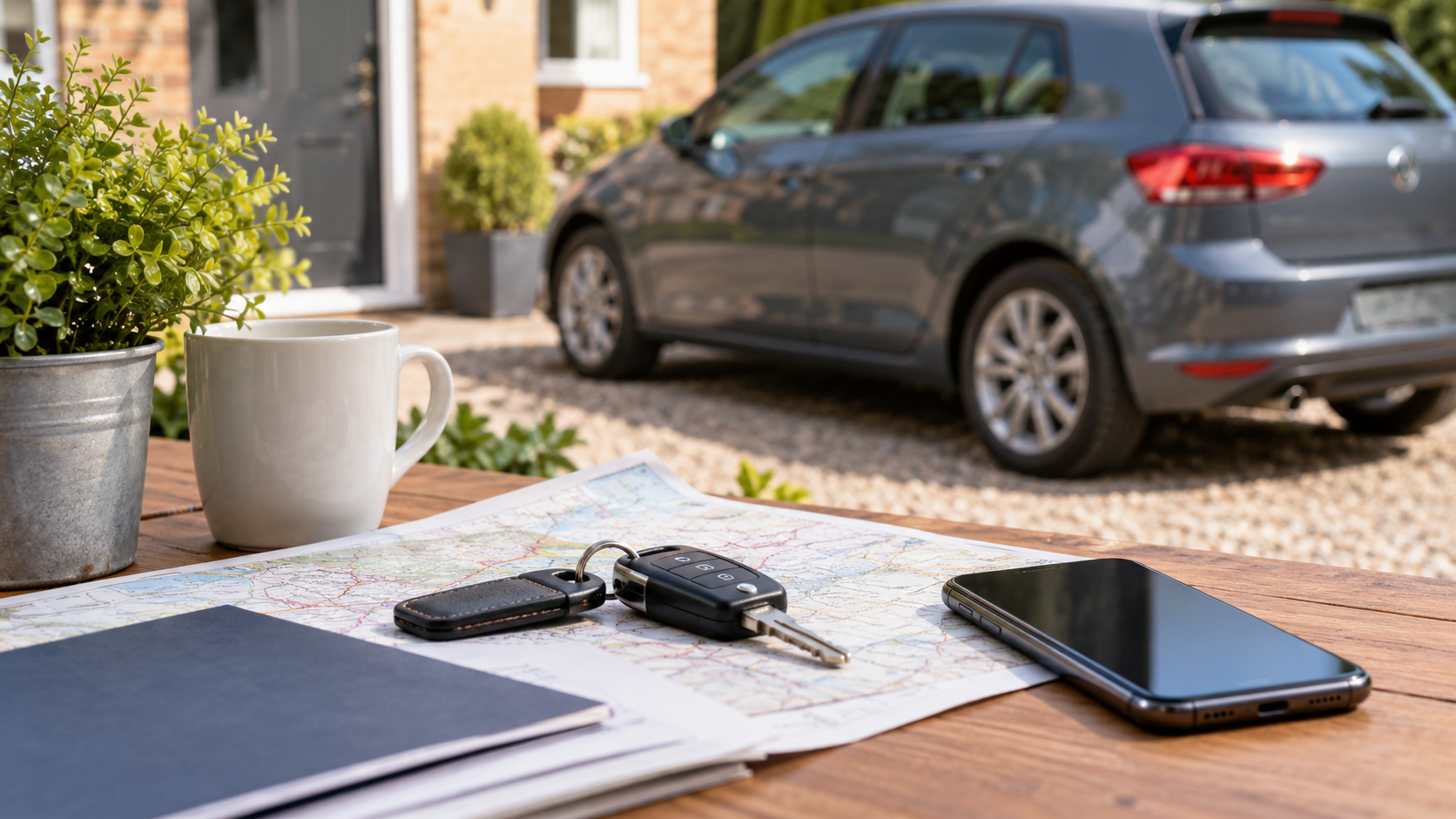 Car keys and general motoring paperwork with a hatchback in the background