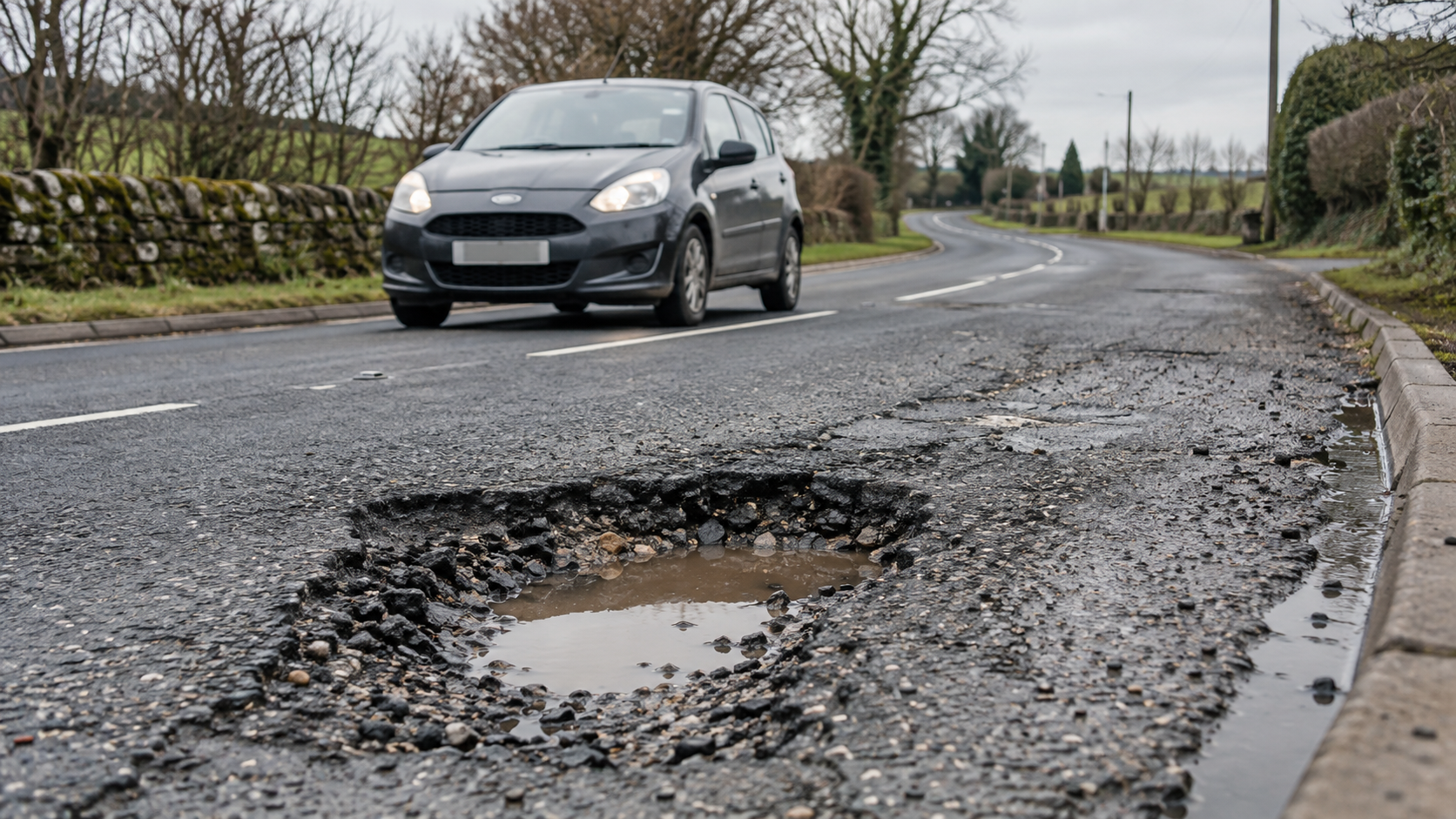 A large pothole filled with water on a UK road with a car approaching