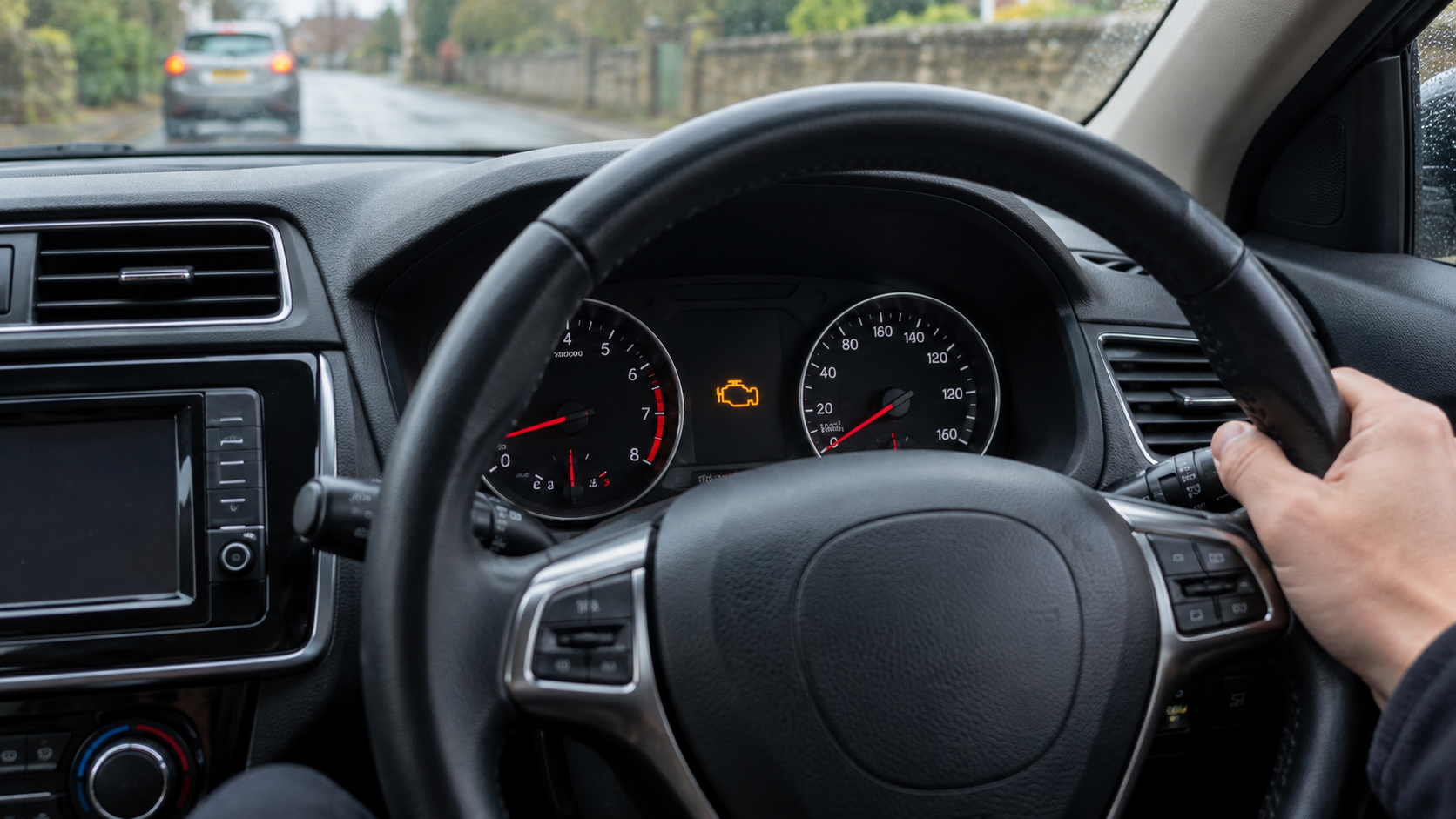 The dashboard of a right-hand-drive car with a warning light showing
